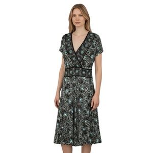 Charter Club Dress Sz 8 Multicolor Floral V-Neck Midi‎ Slinky Stretch Cap Sleeve